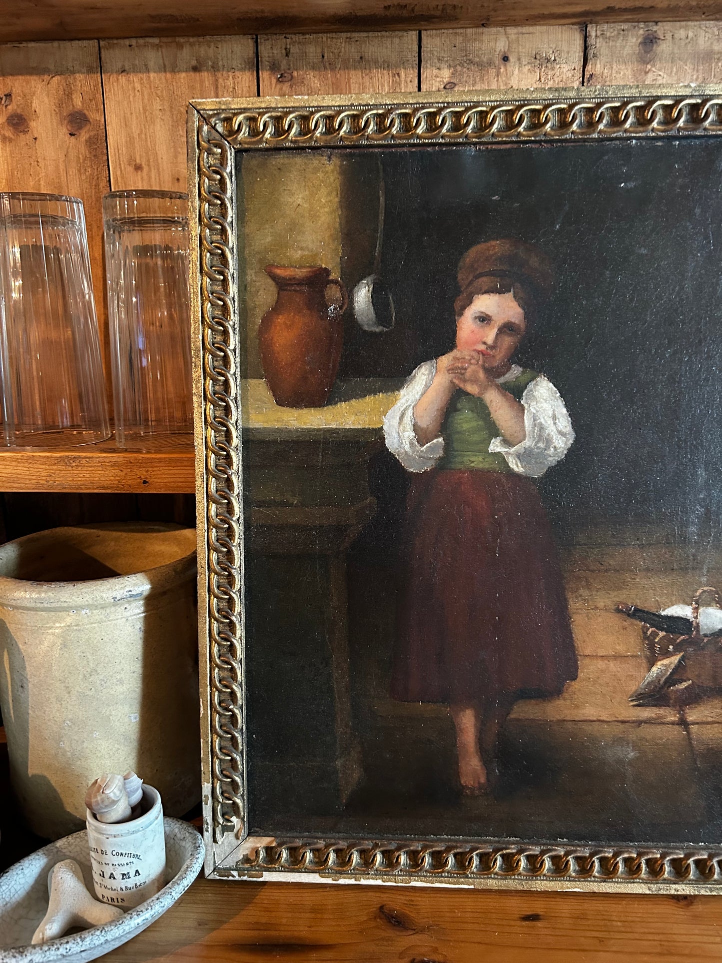 Antique French Oil Painting of girl